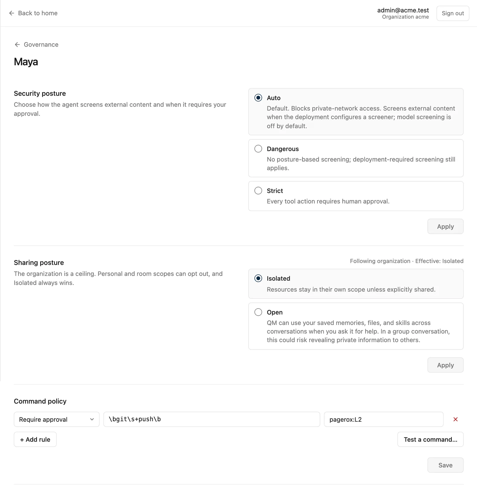 QM's admin, Governance: the security posture is Auto and the command policy holds git push with the reason pagerox:L2.