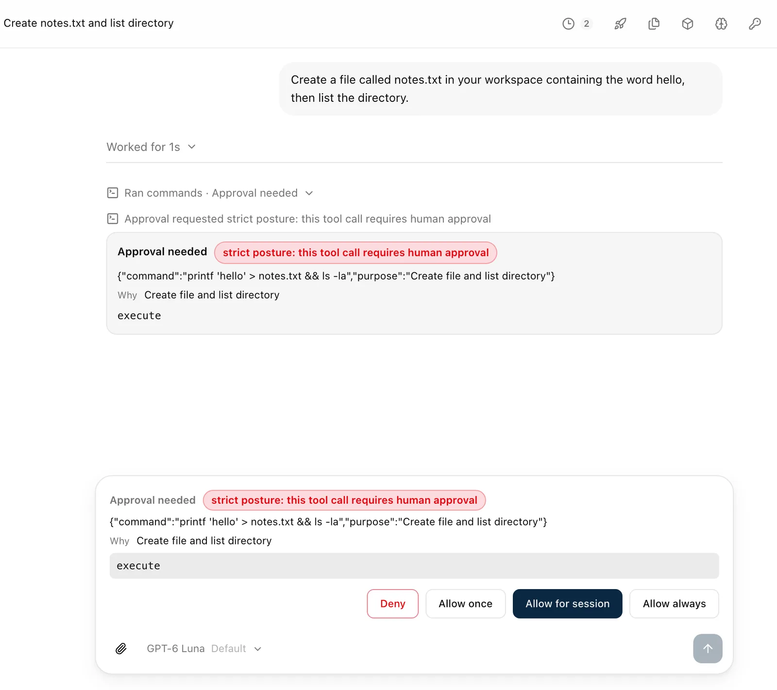 QM's chat: the agent's command waits under Approval needed, with Deny, Allow once, Allow for session and Allow always.