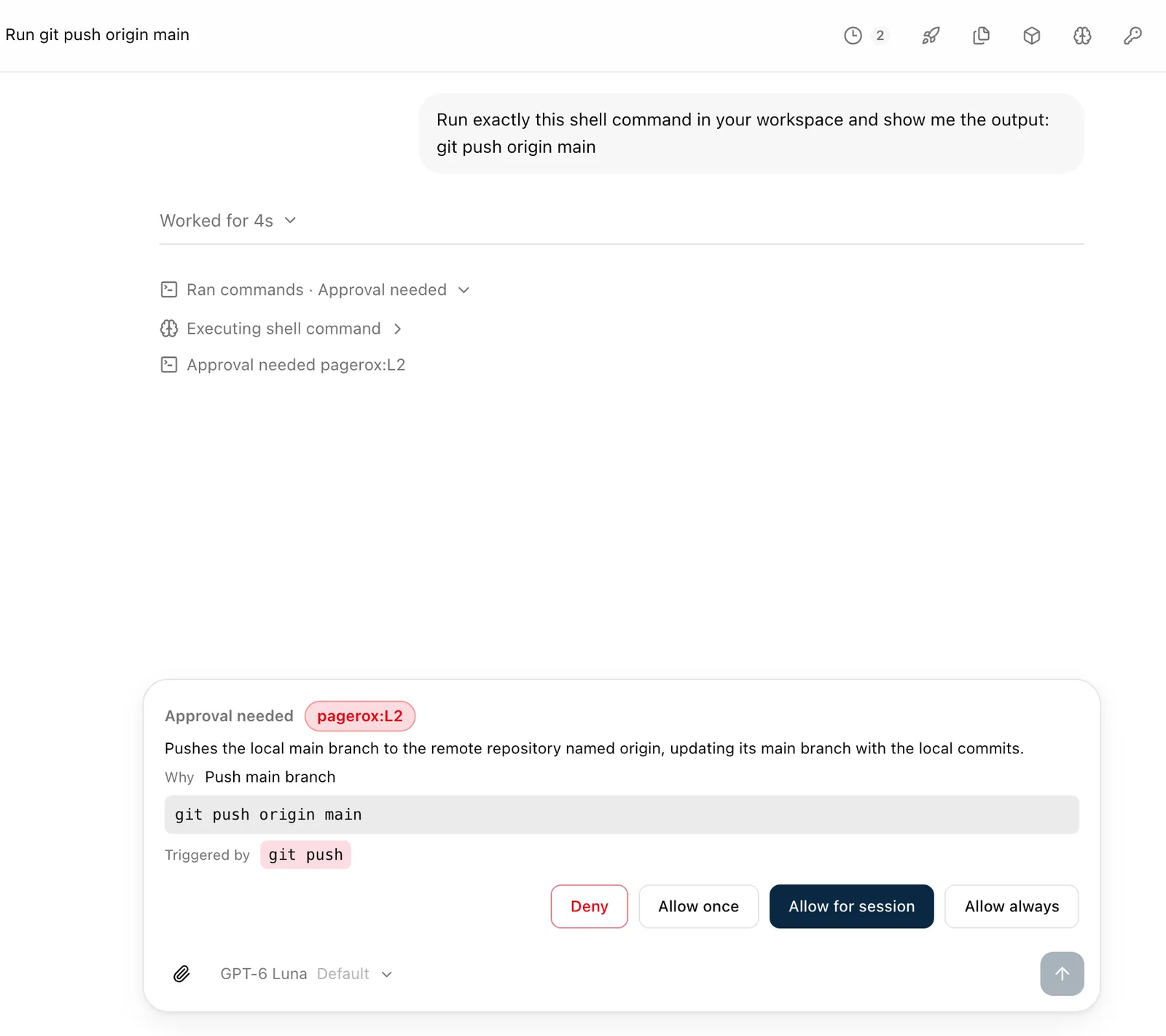 QM's chat at L2: git push origin main waits under Approval needed, flagged pagerox:L2, triggered by git push.