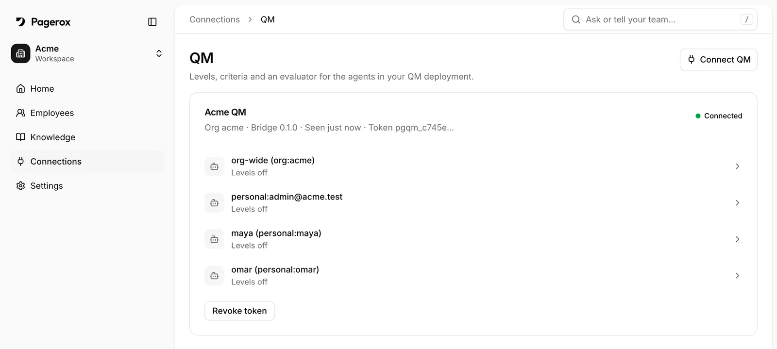 Pagerox, Connections, QM: the Acme QM deployment is connected, with its agents listed and levels off.