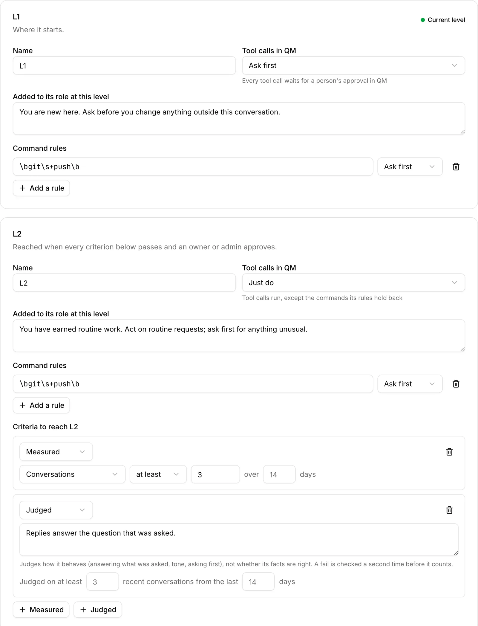 The levels editor: L1 asks first and holds git push; L2 just does, still holds git push, and is reached on 3 conversations and a judged criterion.